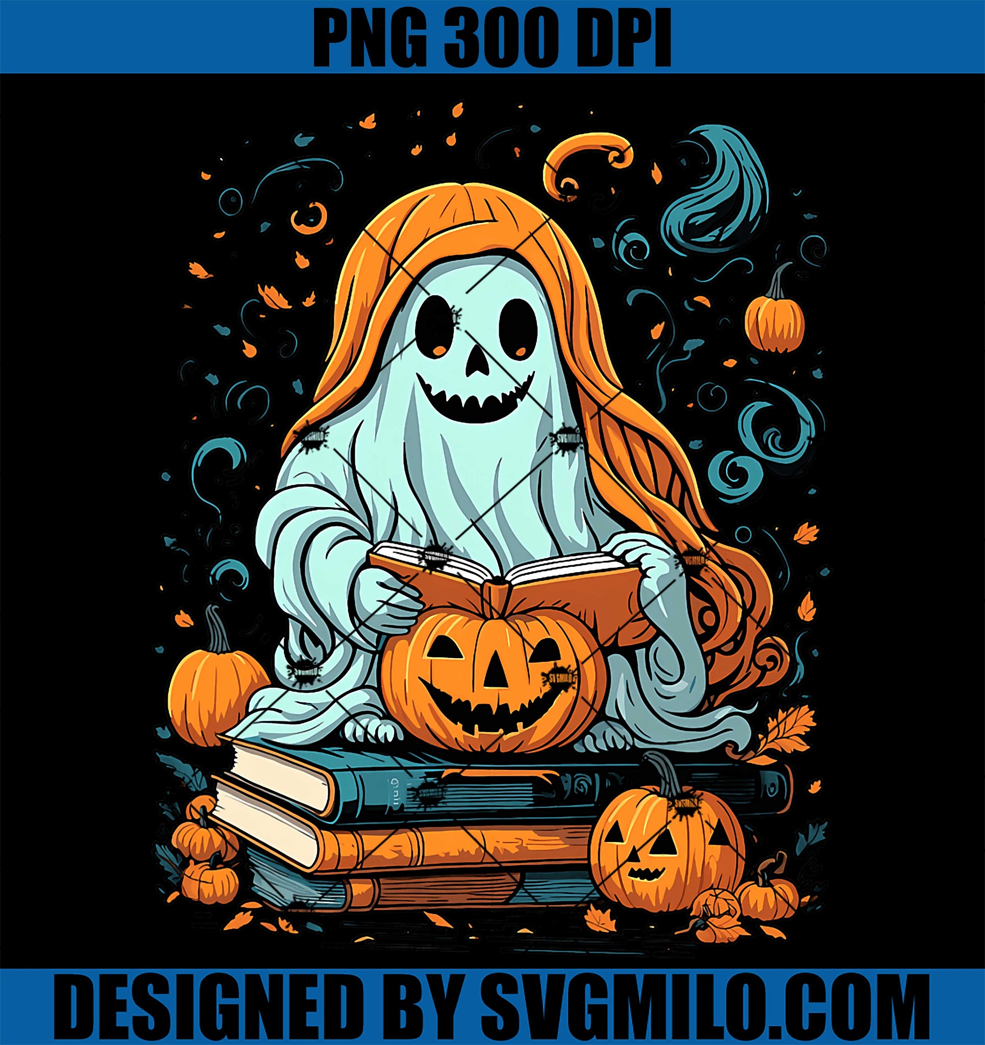 Retro Horror Ghost Book Reading Pumpkin PNG, Autumn Halloween PNG