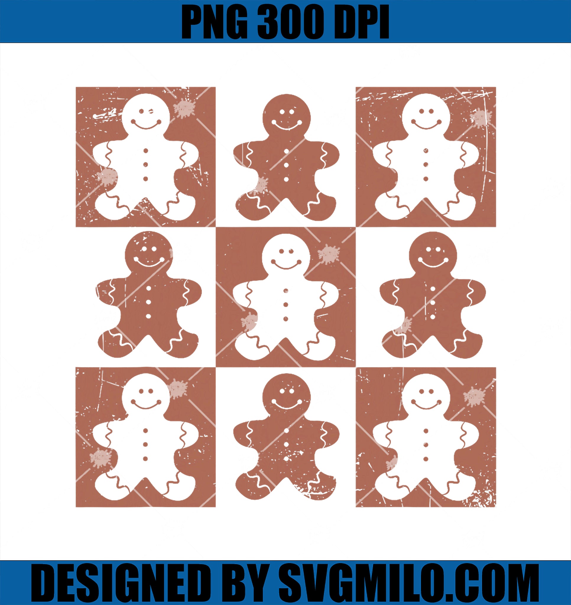 Retro Checkered Gingerbread Man Distressed Christmas PNG