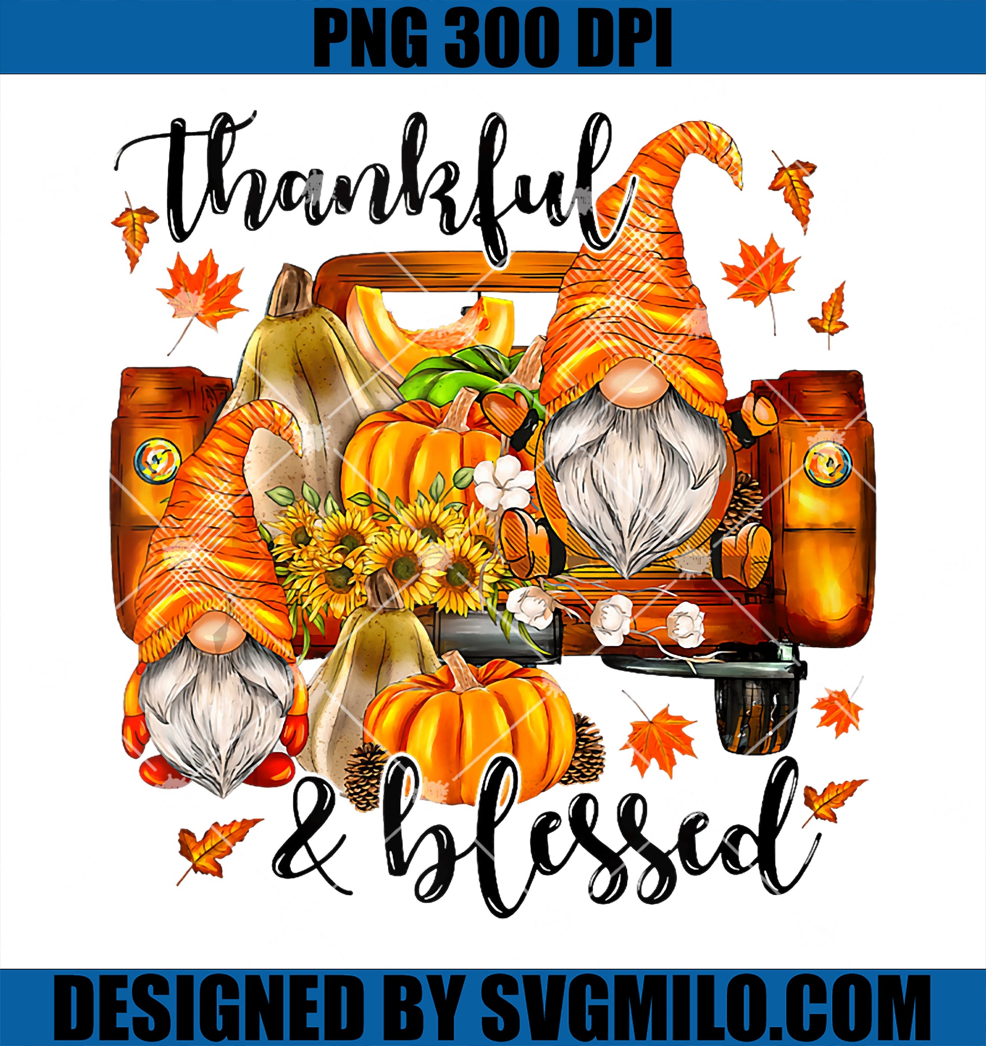 Retro Fall Pumpkin Truck Gnome Thanksgiving Thankful Blessed PNG
