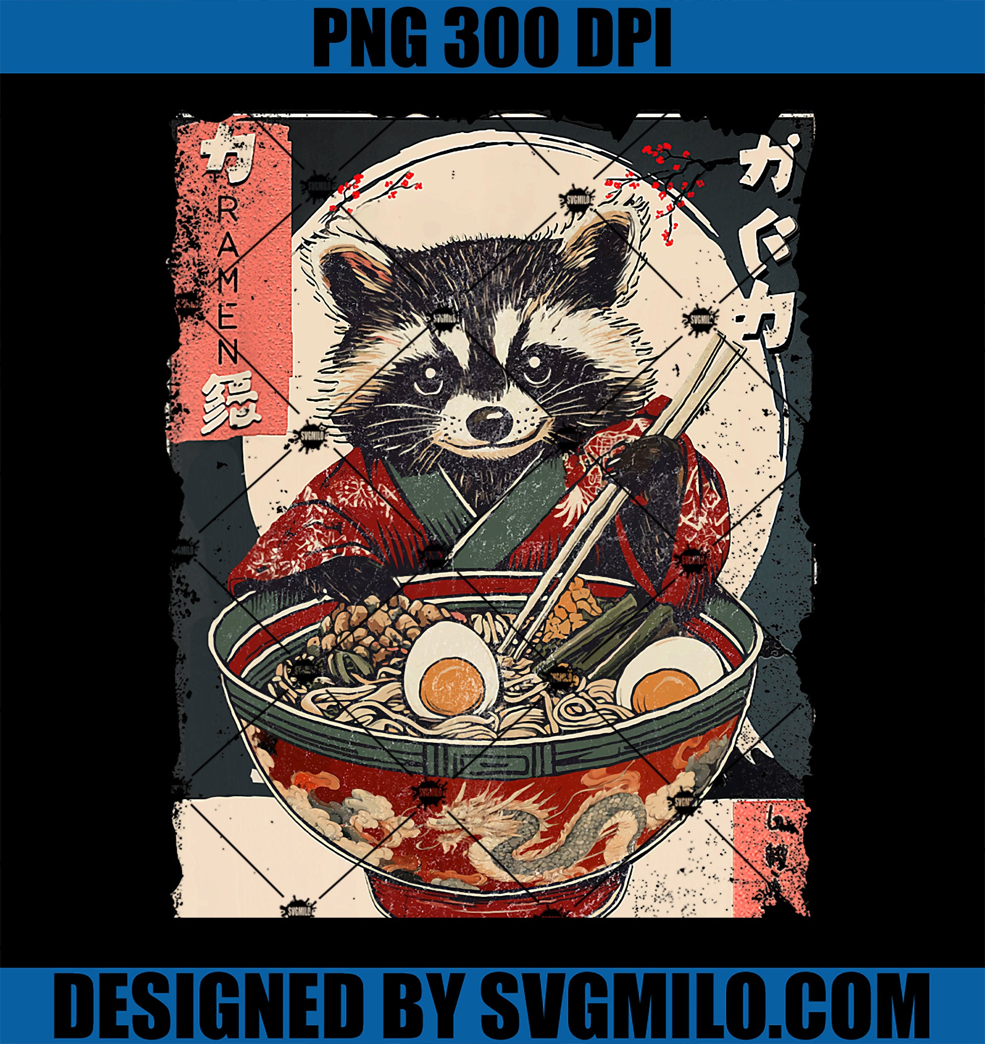 Retro Funny Racoon Eating Ramen Japanese Cat Meme Animals PNG