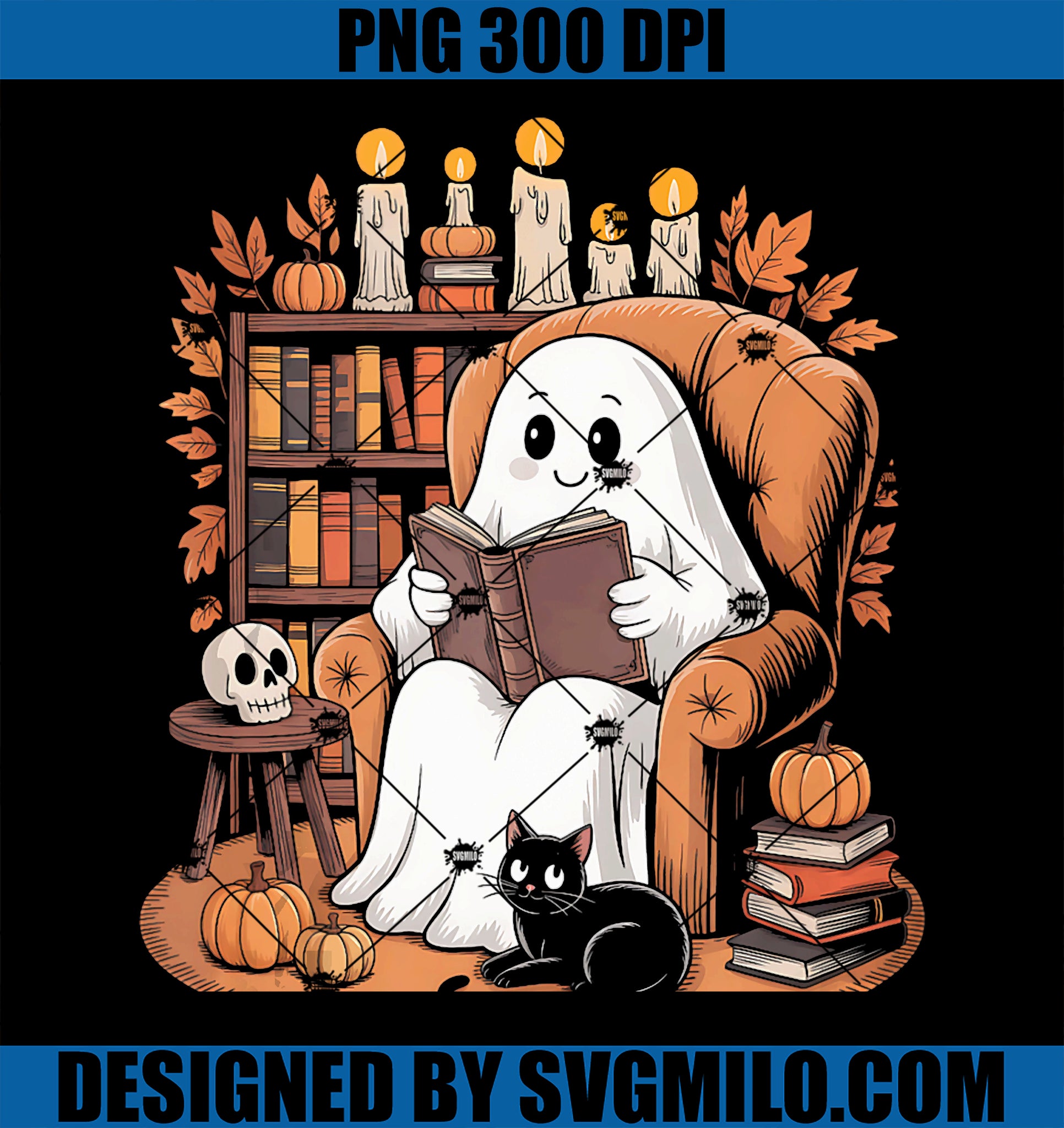 Retro Ghost Reading Books PNG, Librarian Ghost Halloween PNG