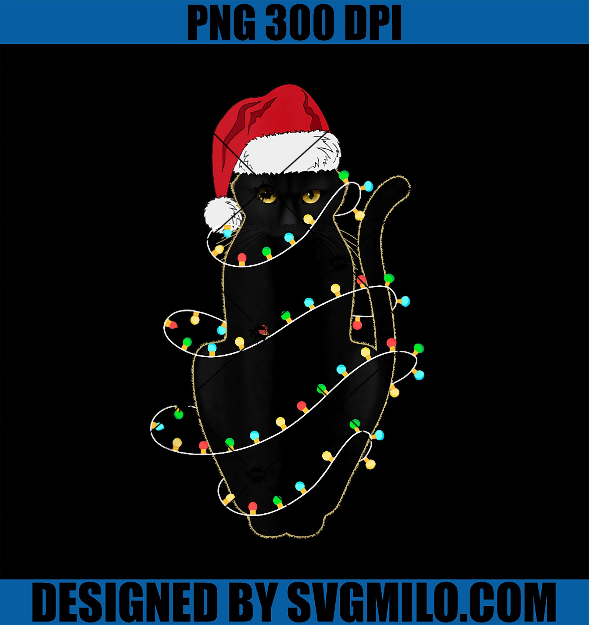 Santa Black Cat Tangled Up In PNG, Christmas Tree Lights Holiday PNG