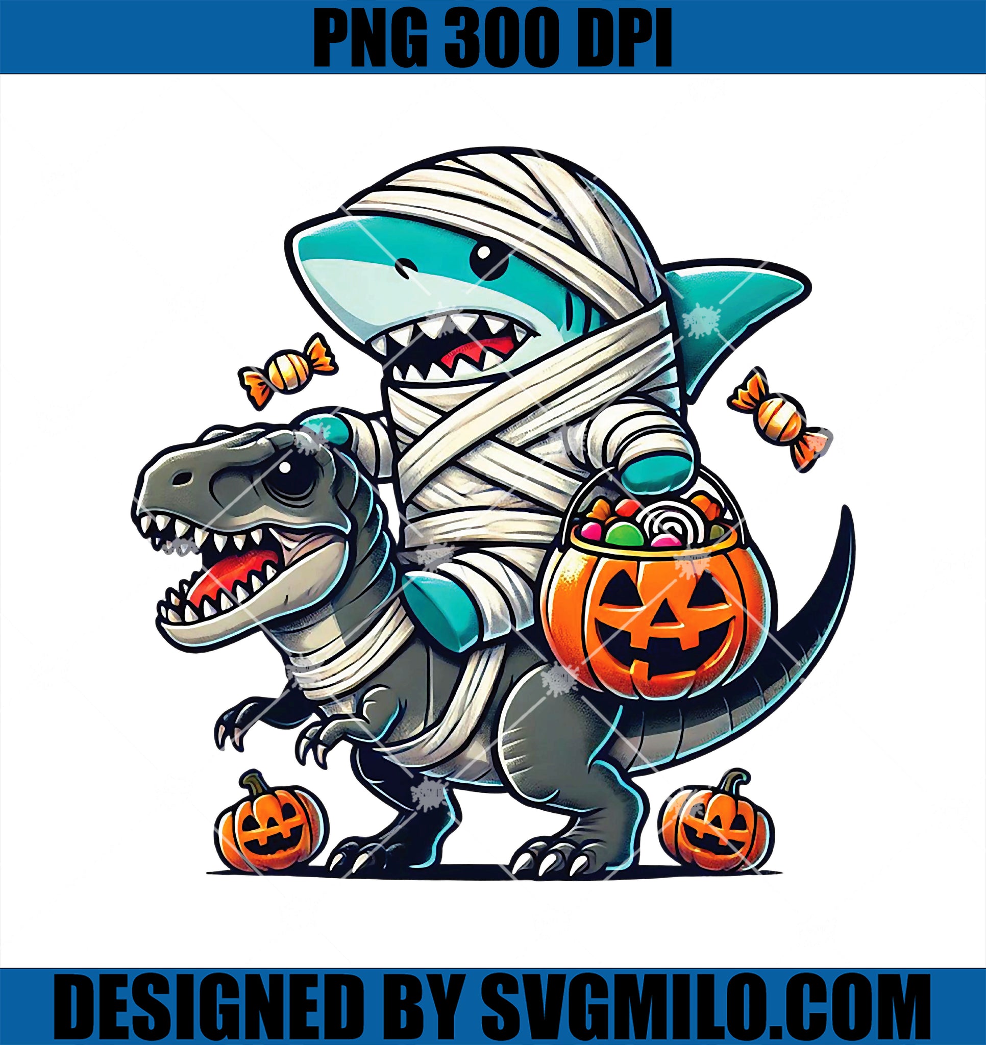 Shark Riding Dinosaur T-Rex PNG, Funny Halloween Pumpkin PNG
