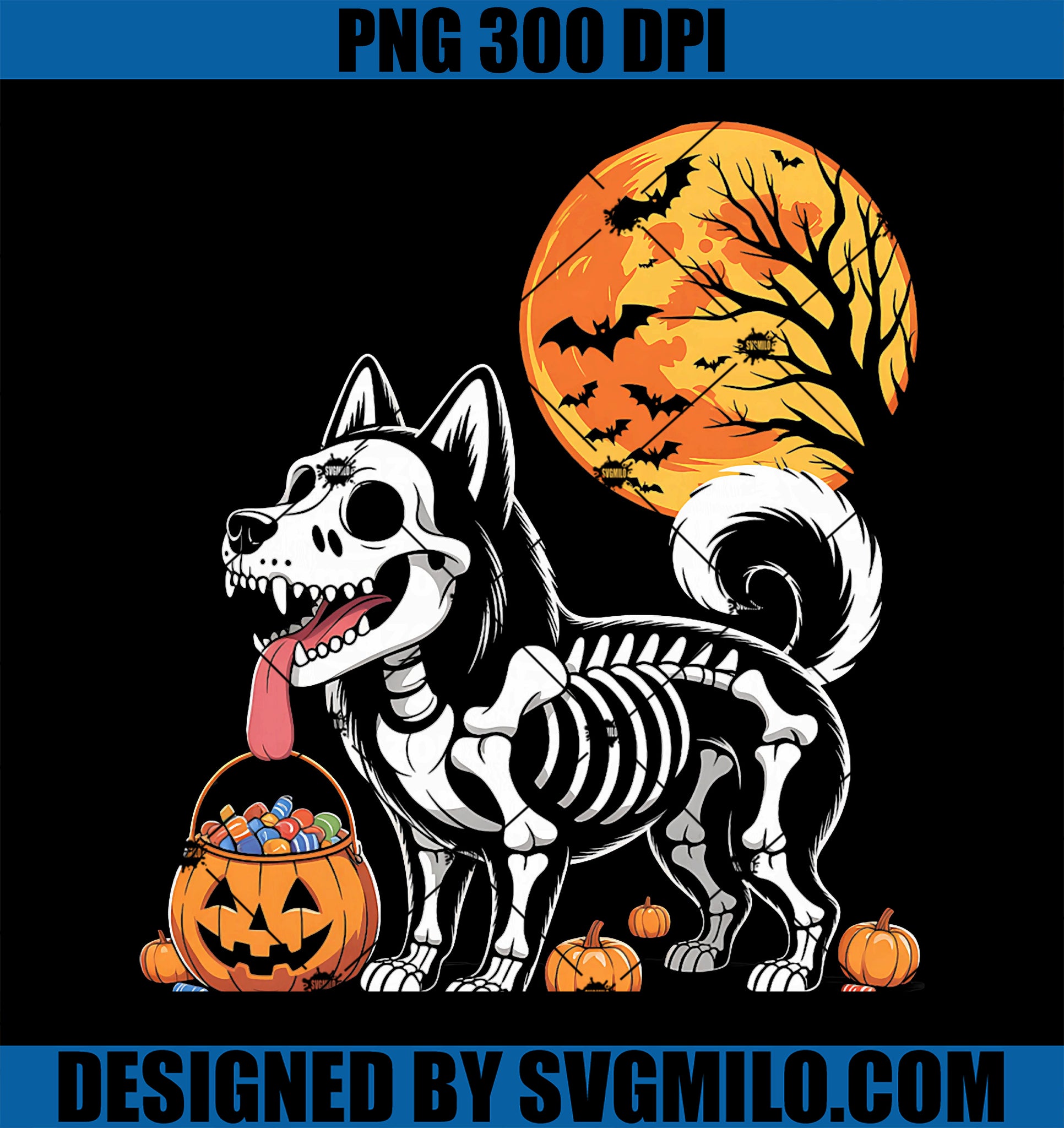 Siberian Husky Dog Skeleton Scary PNG, Pumpkin Moon Halloween PNG