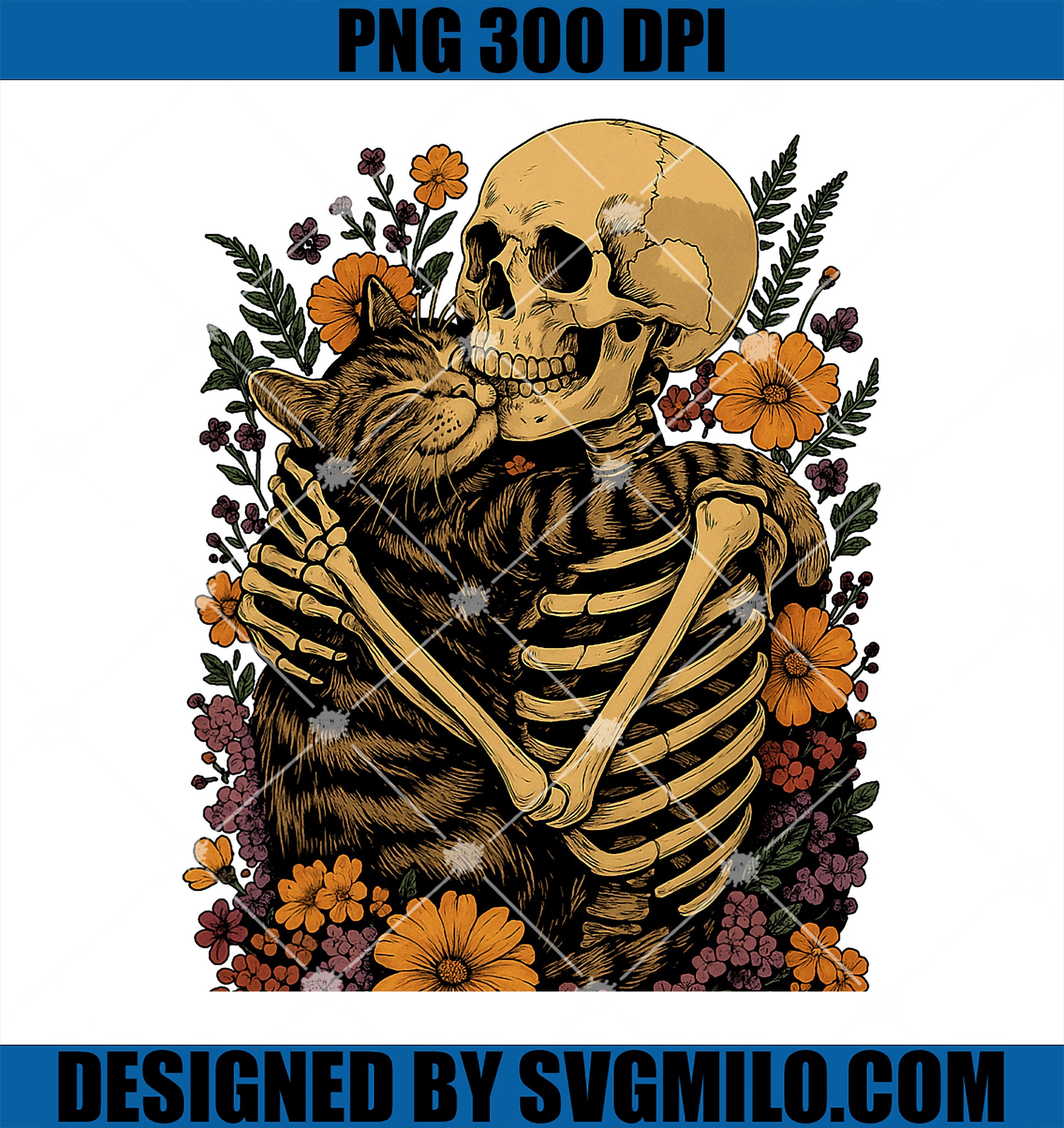 Skeleton Hugging Cat Floral PNG, Halloween Cats Lover PNG
