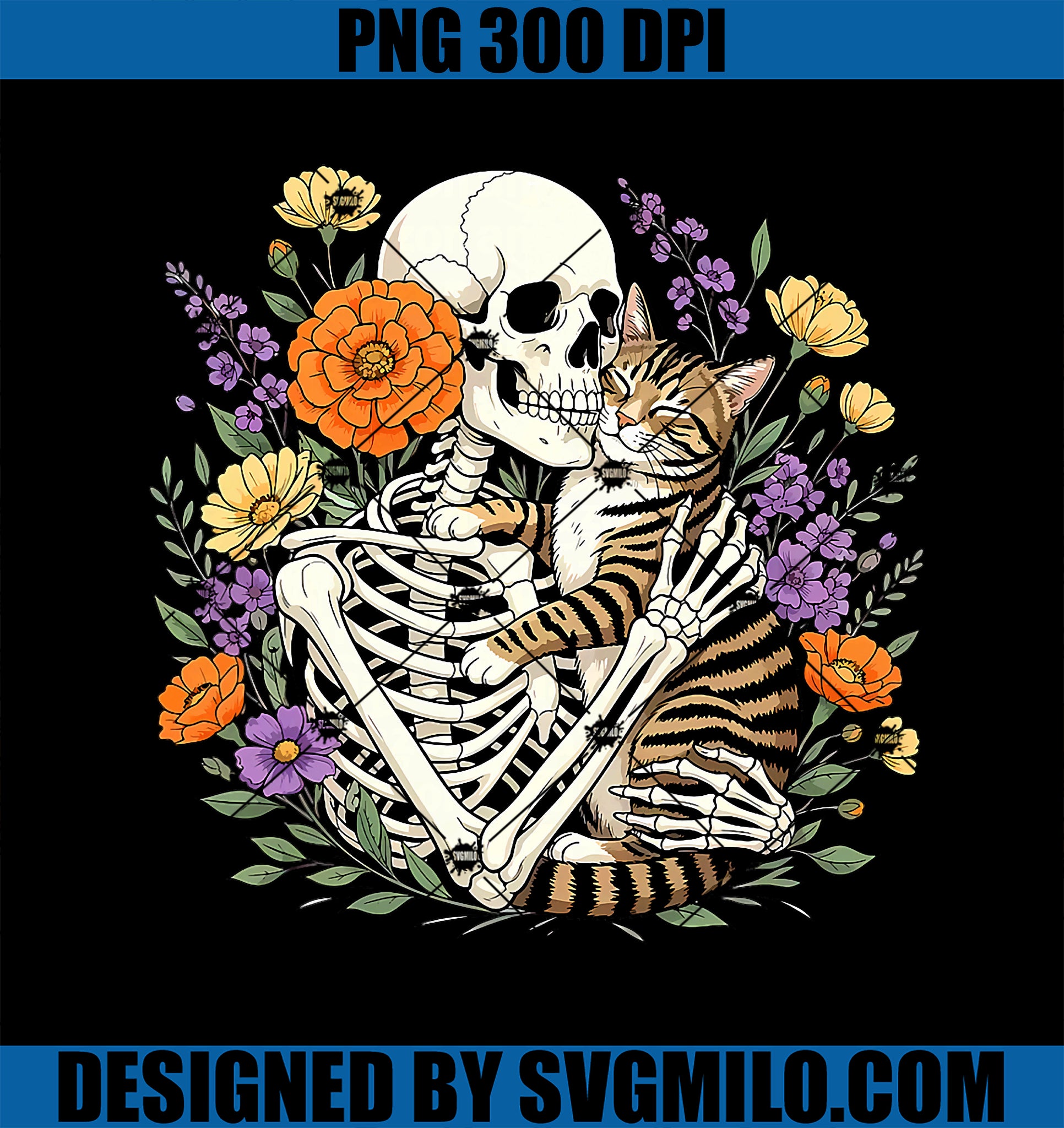 Skeleton Hugging Cat Floral PNG, Halloween Cats Lover PNG