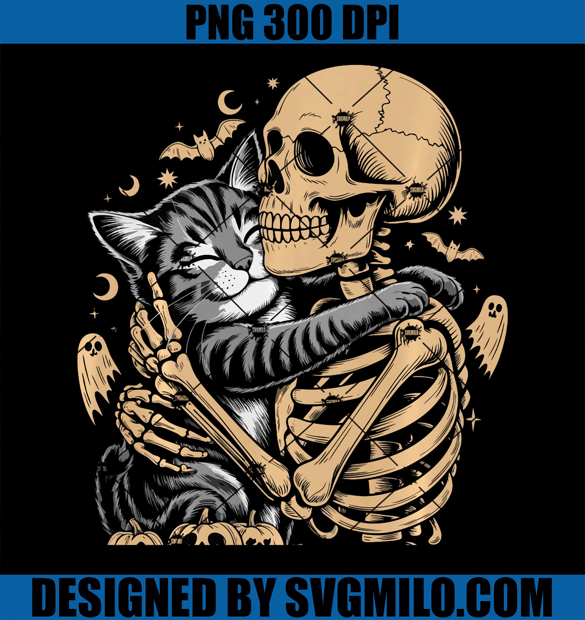 Skeleton Hugging Cat PNG, Halloween Cat Lover PNG