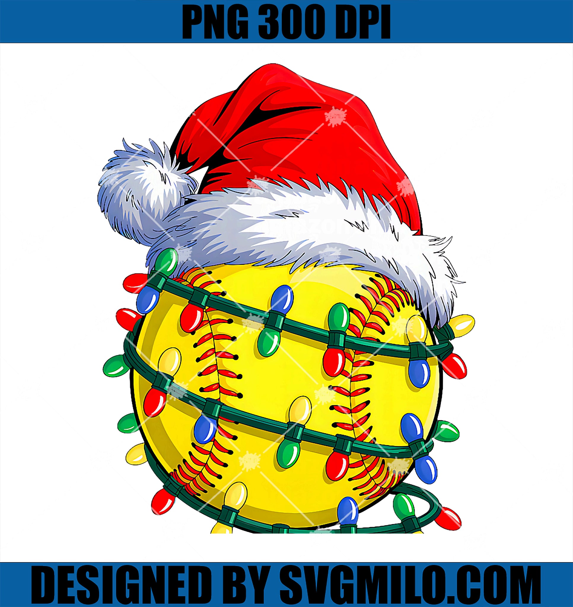 Softball Ball Santa Hat PNG, Christmas Softball Xmas Lights PNG
