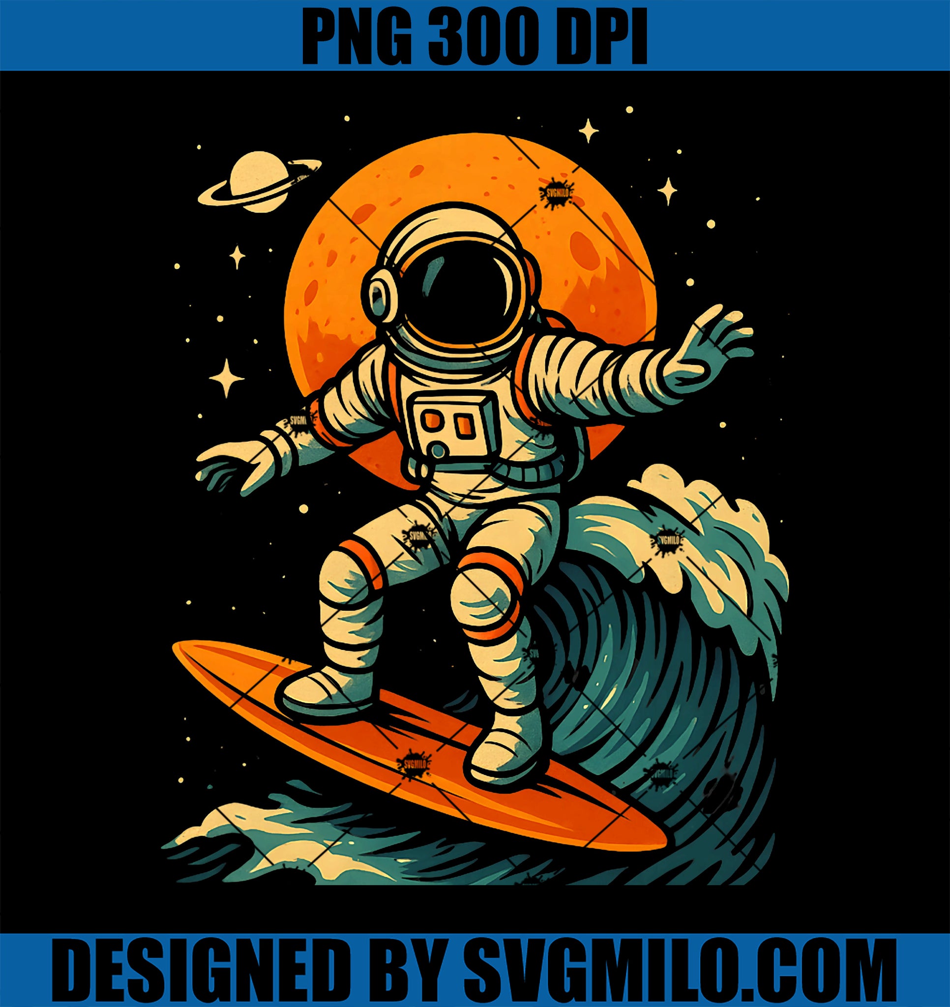 Space Surfer Astronaut PNG, Retro Cosmic Surf PNG