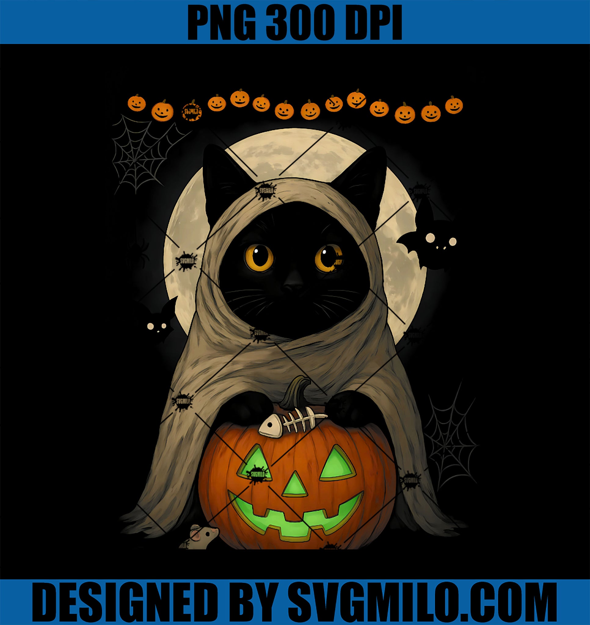 Spooky Black Cat PNG, Halloween Pumpkin Ghost Vintage Funny PNG
