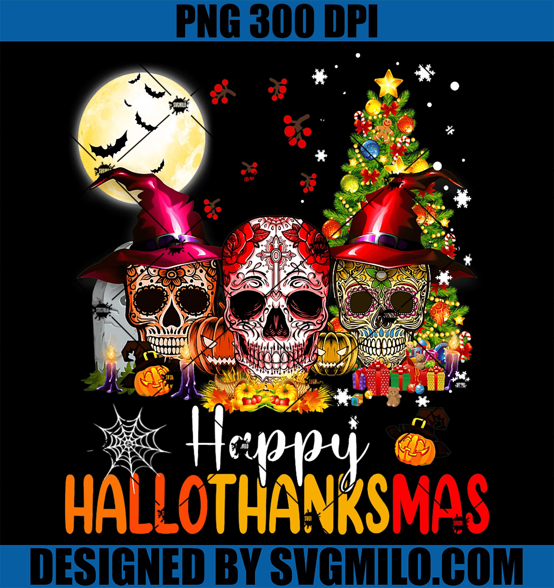 Sugar Skull Skeleton Halloween PNG, Xmas Happy Hallothanksmas PNG