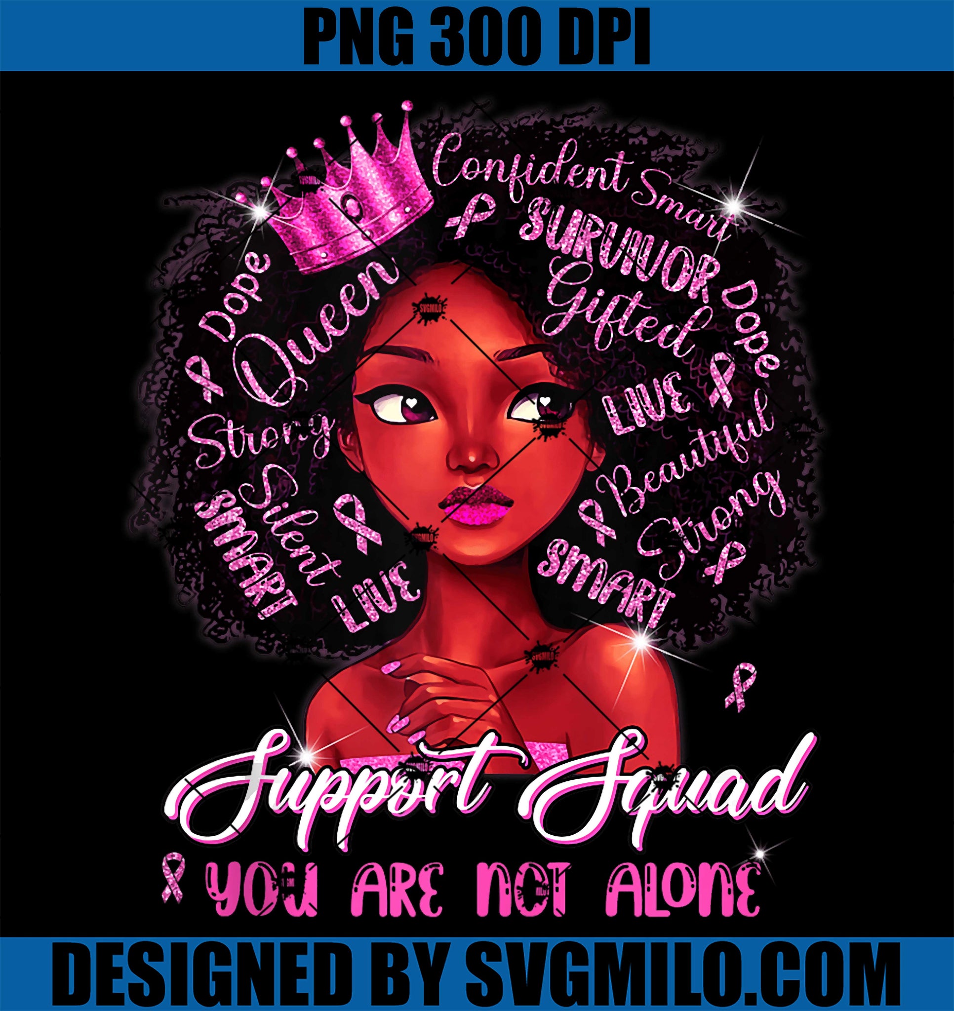 Support Squad PNG, Afro Messy Bun Warrior PNG, Breast Cancer Awareness PNG