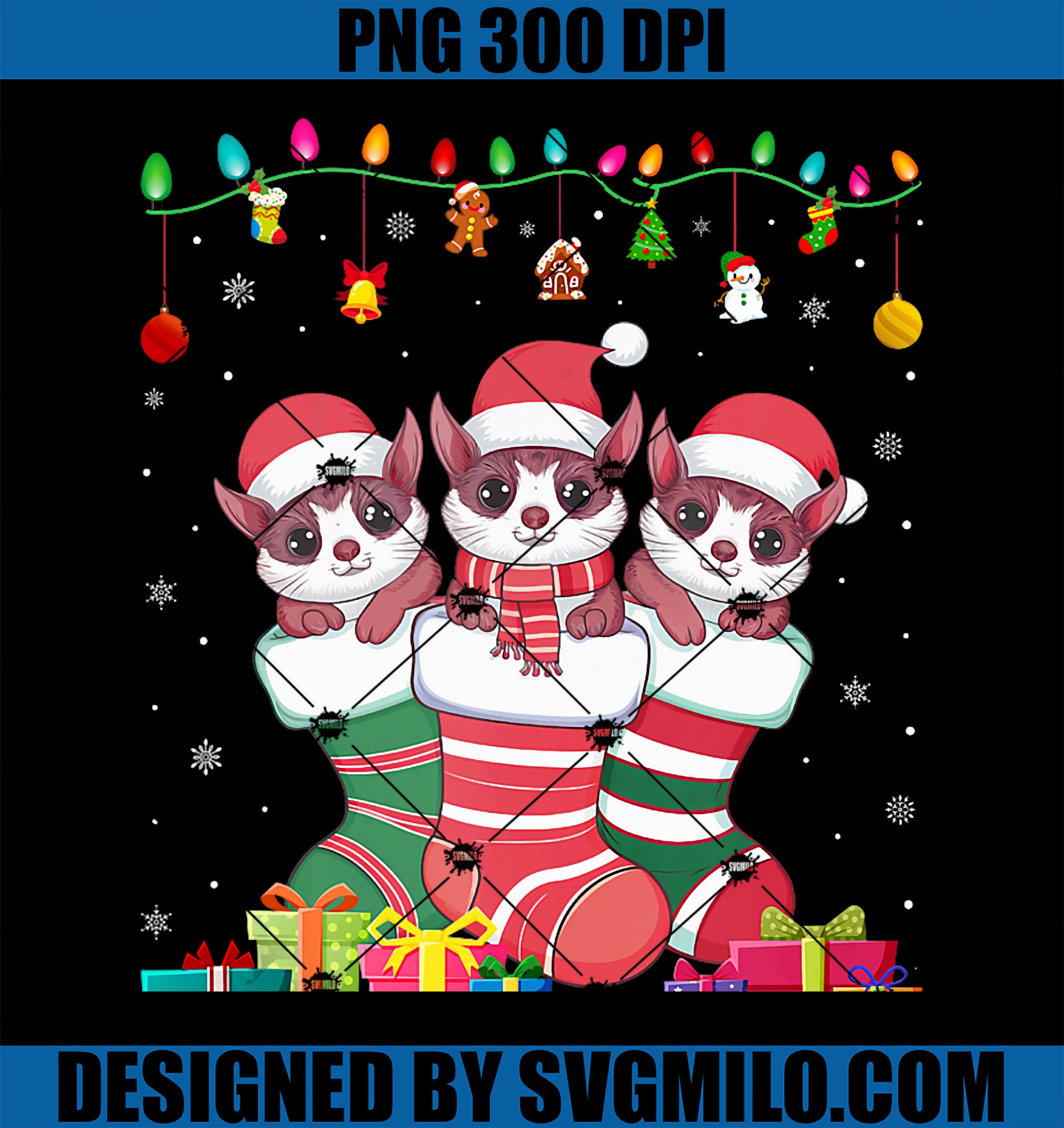 Three Sugar Glider in Sock PNG, Funny Kids Christmas PNG