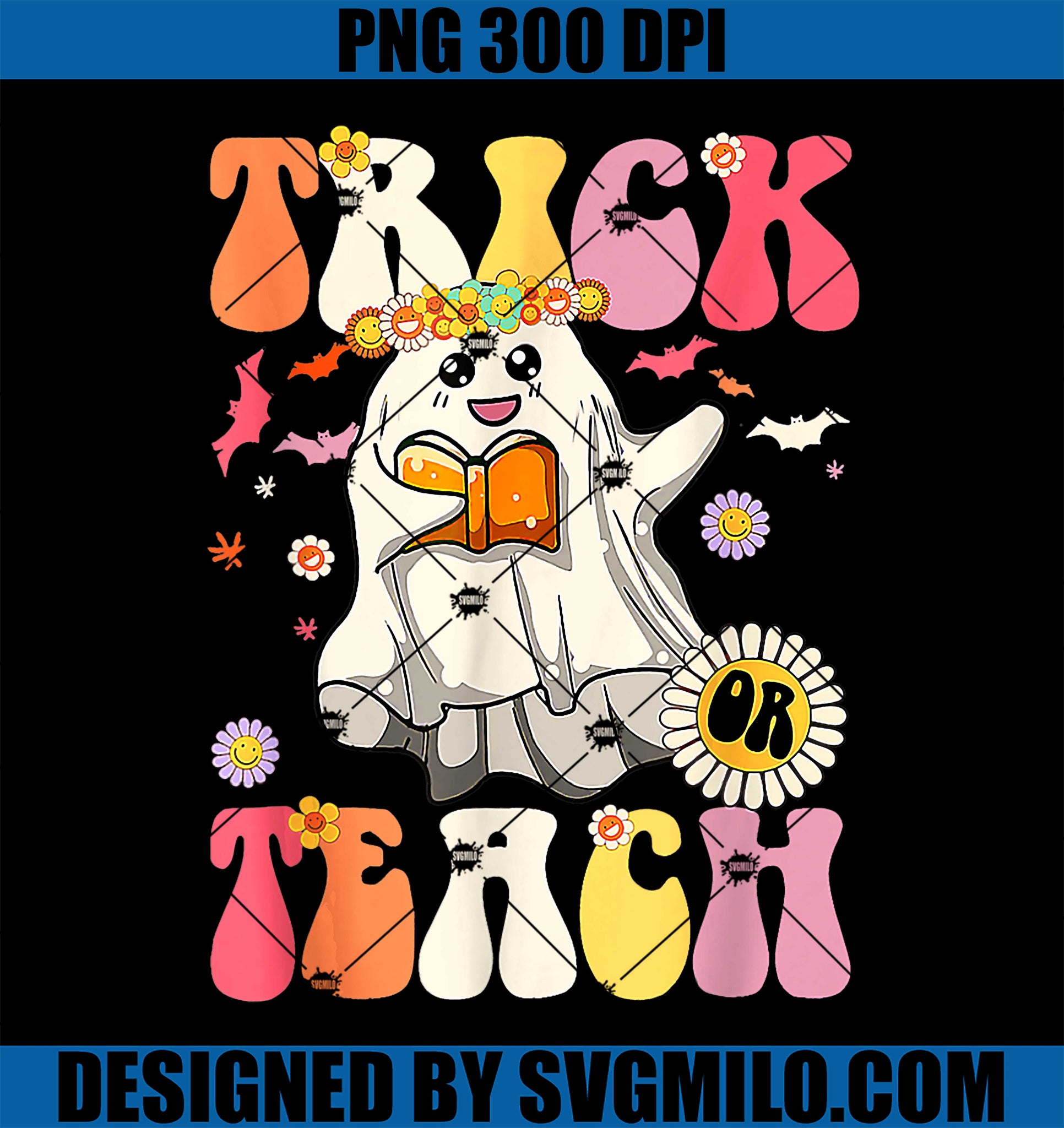 Trick Or Teach Groovy PNG, Retro Halloween PNG,Groovy Ghost Teacher Halloween PNG