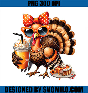 Turkey Drinking Coffee Bow Thanksgiving Womens Turkey Day PNG