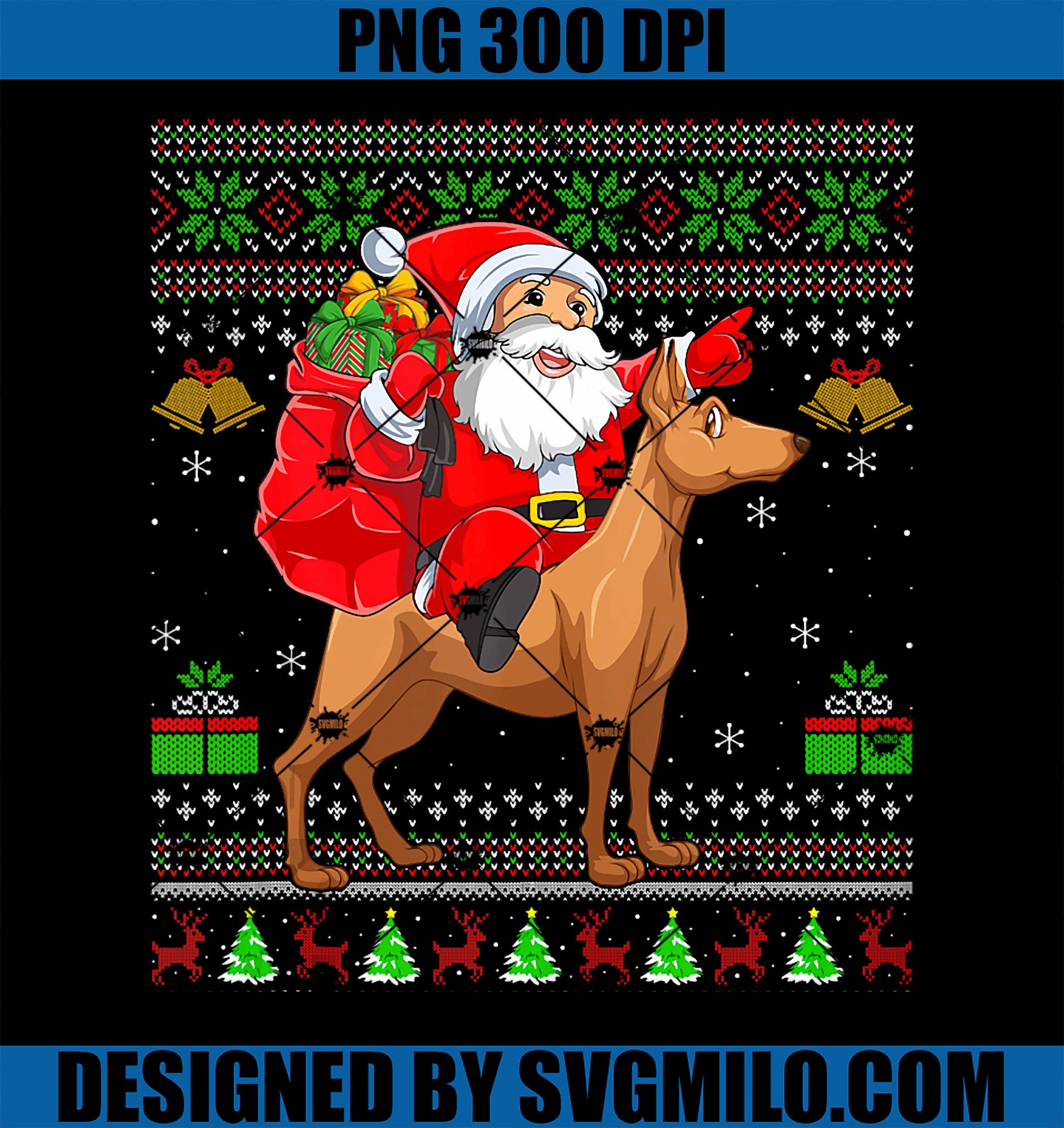 Ugly Sweater Santa Riding Miniature Pinscher Dog Christmas PNG