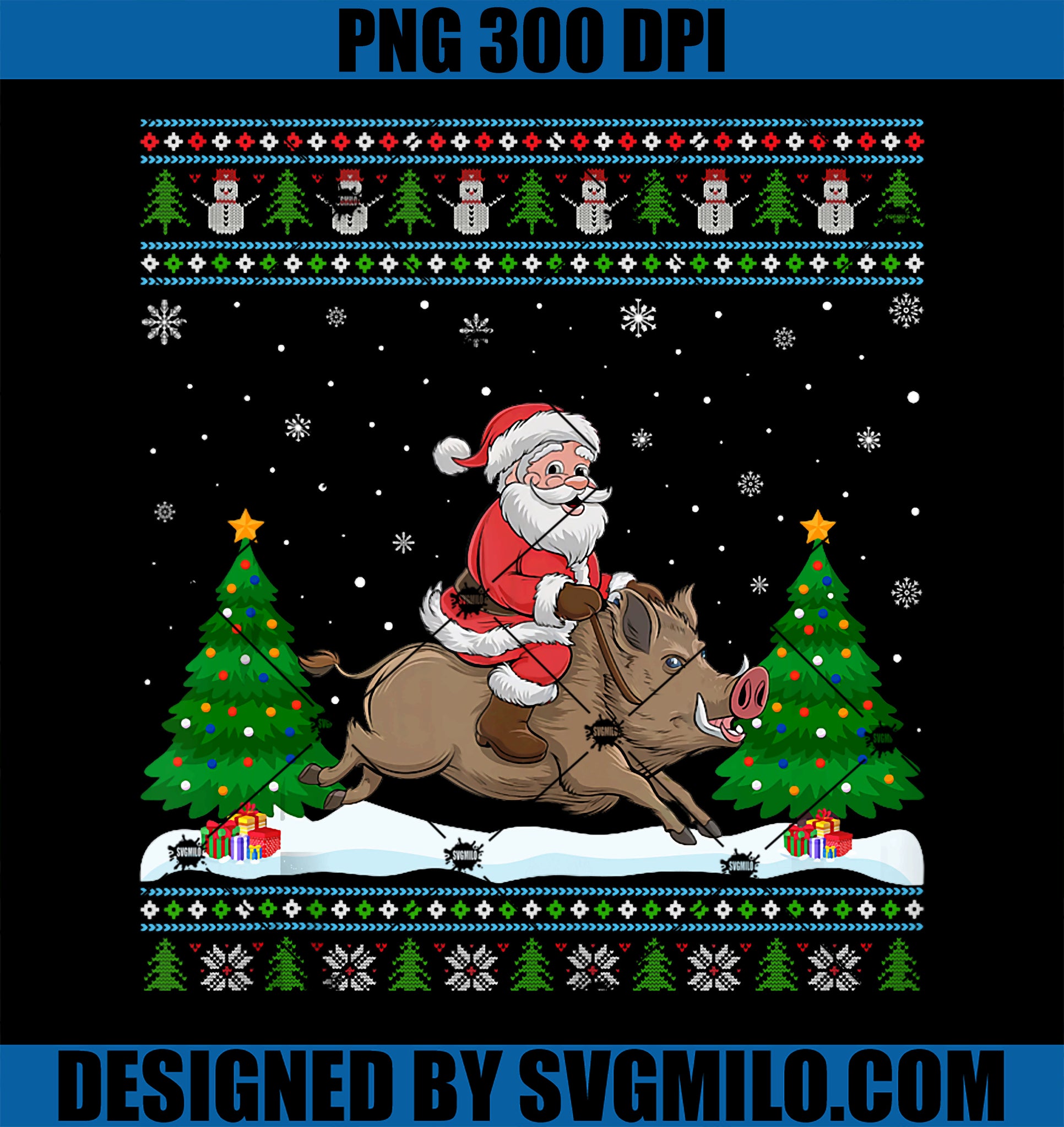 Ugly Xmas Lighting Tree Santa Riding Boar Christmas PNG