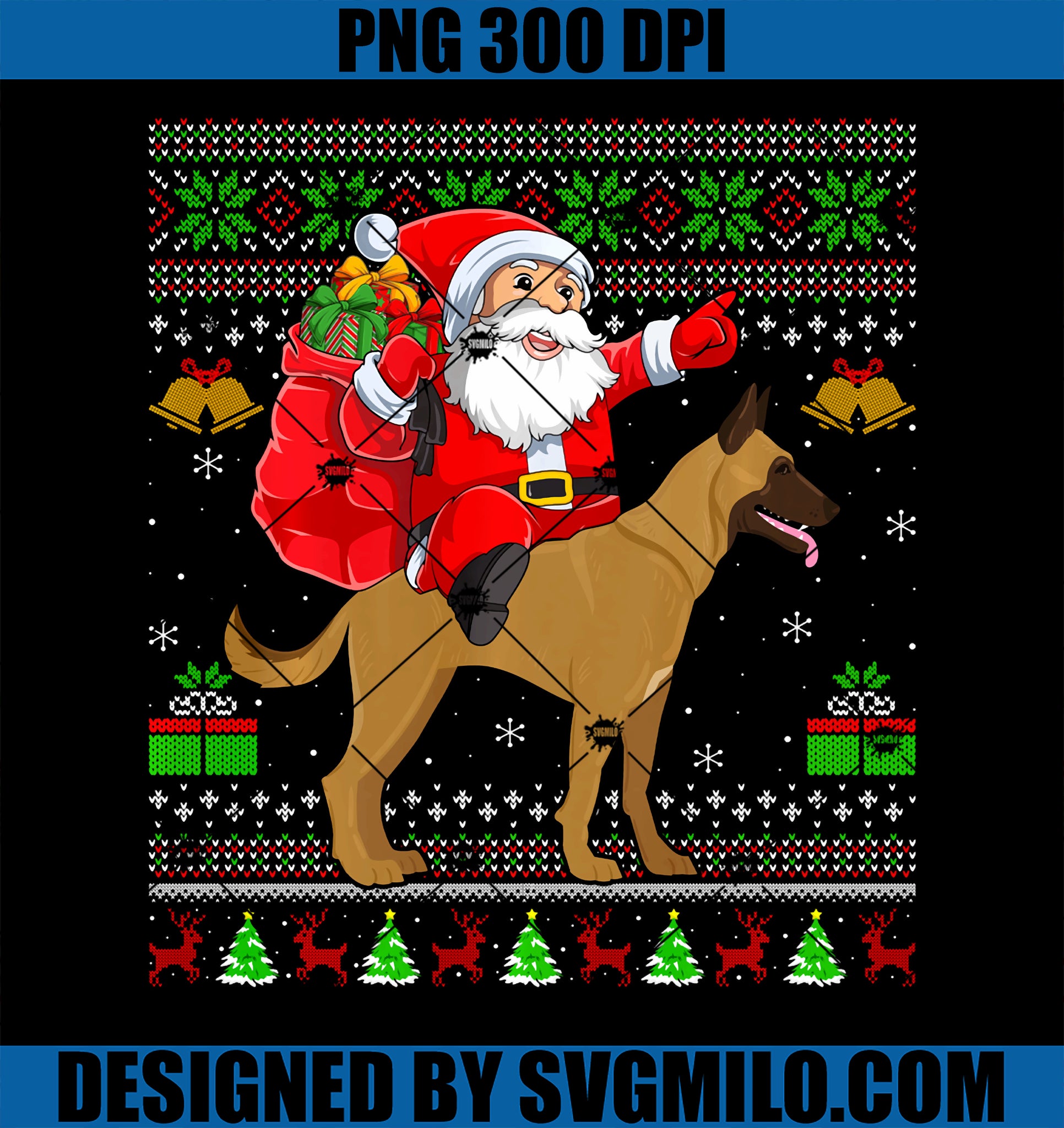 Ugly Xmas Sweater Funny Santa Riding Malinois Dog Christmas PNG