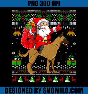 Ugly Xmas Sweater Funny Santa Riding Malinois Dog Christmas PNG