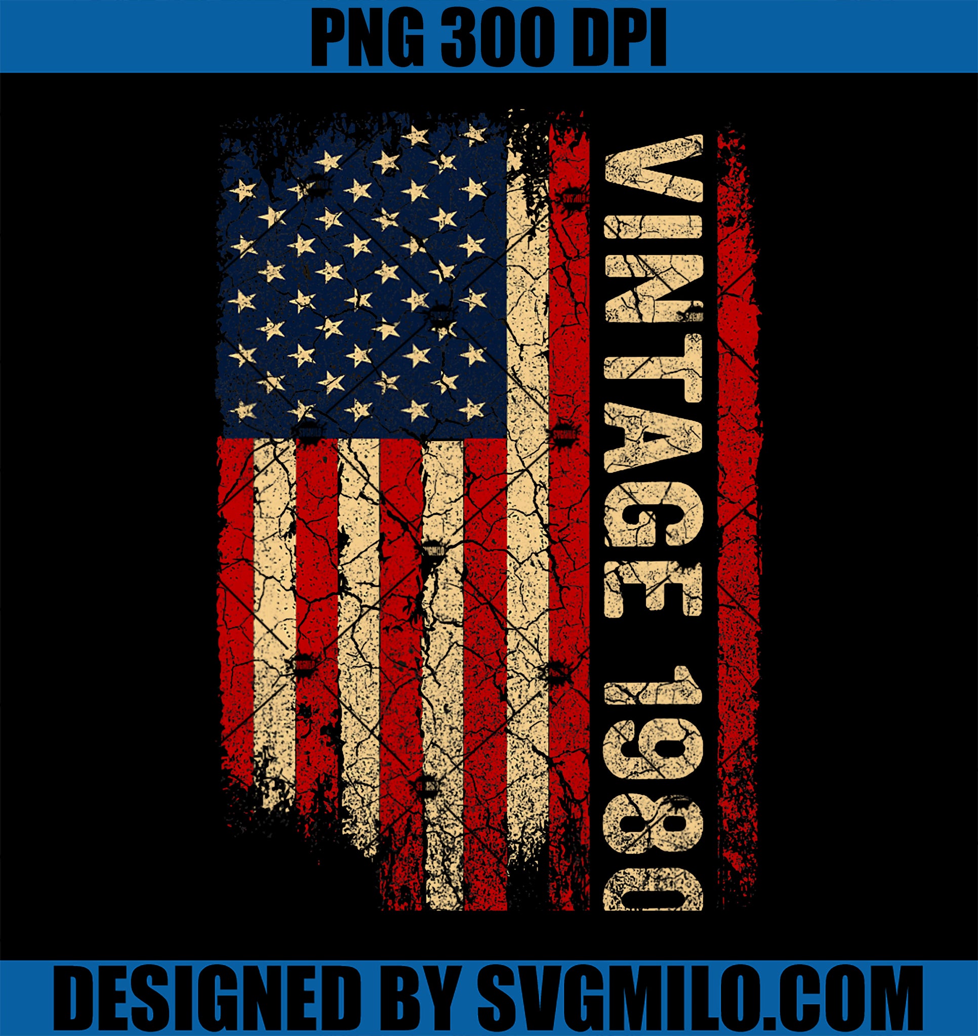 Vintage 1980 American Flag PNG, 45th Birthday 45 Years Old PNG