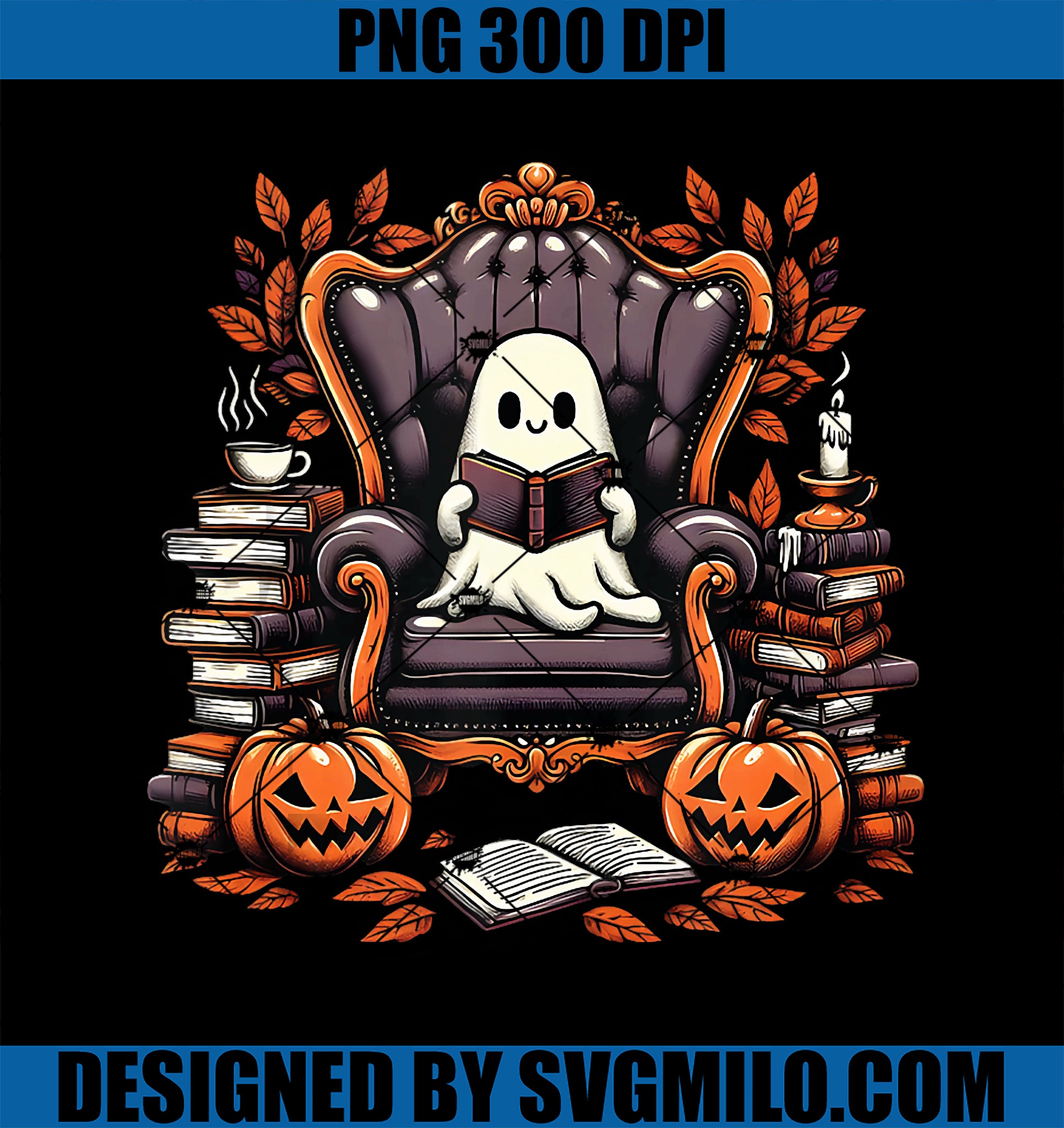 Vintage Book Reading Pumpkin Gothic Teachers Ghost PNG