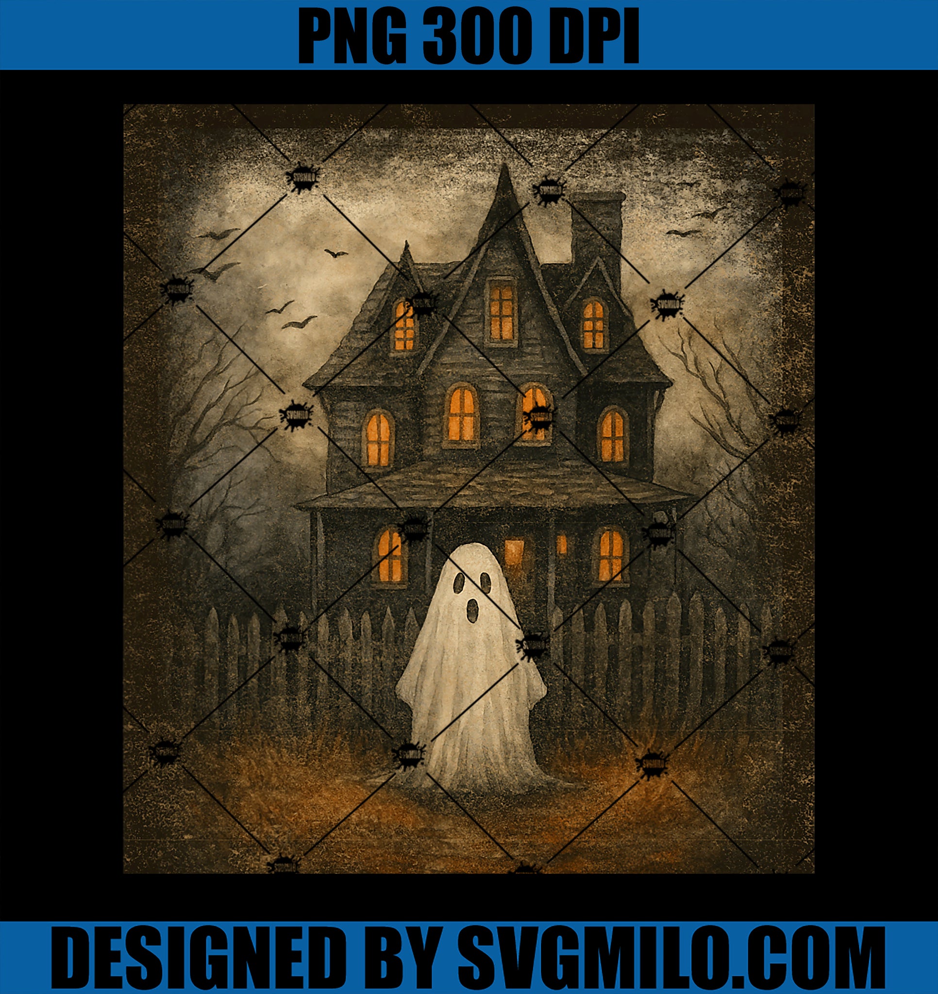 Vintage Ghost Boo PNG, Haunted House Halloween PNG