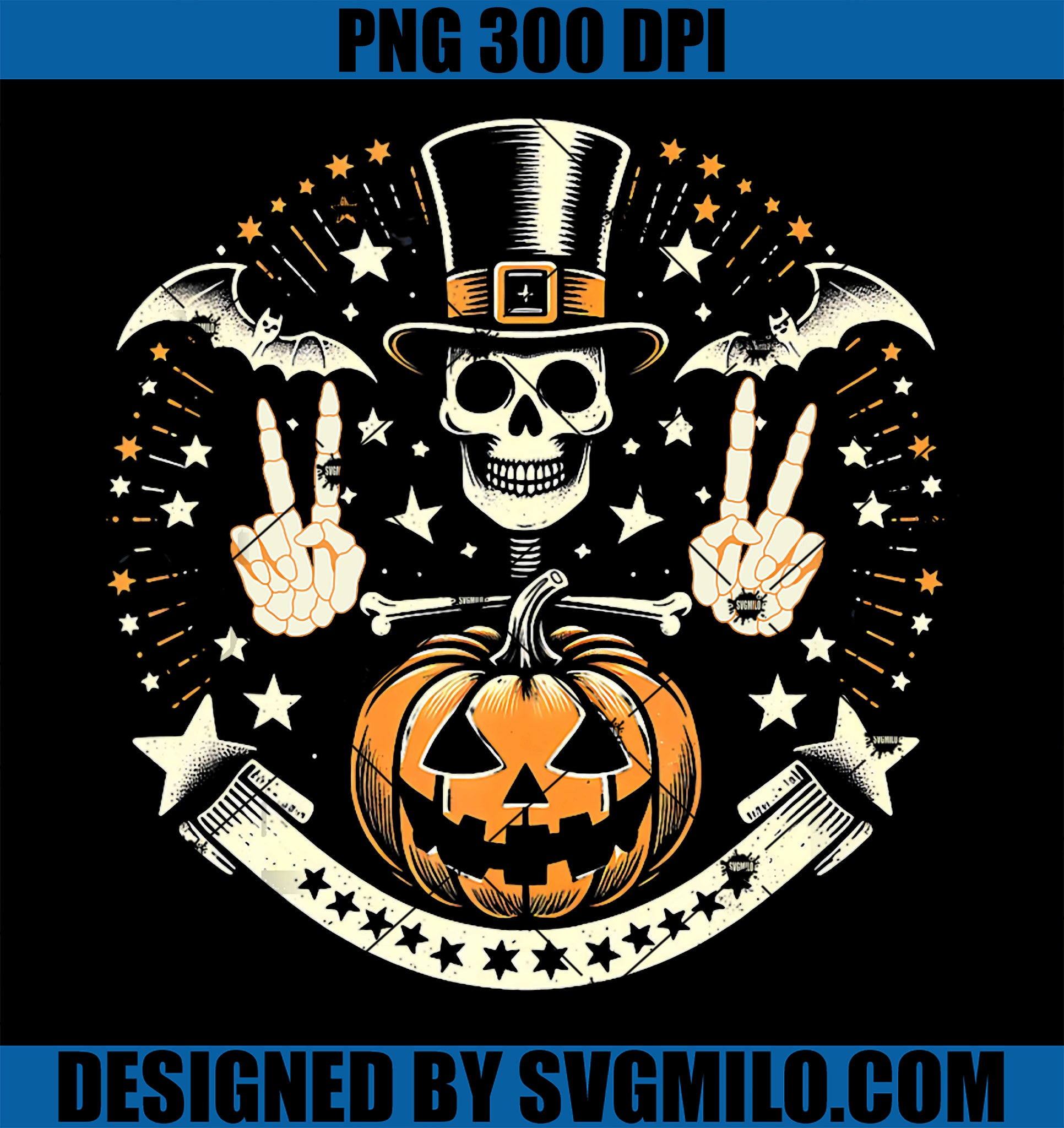 Vintage Halloween Skeleton With Top Hat and Pumpkin PNG