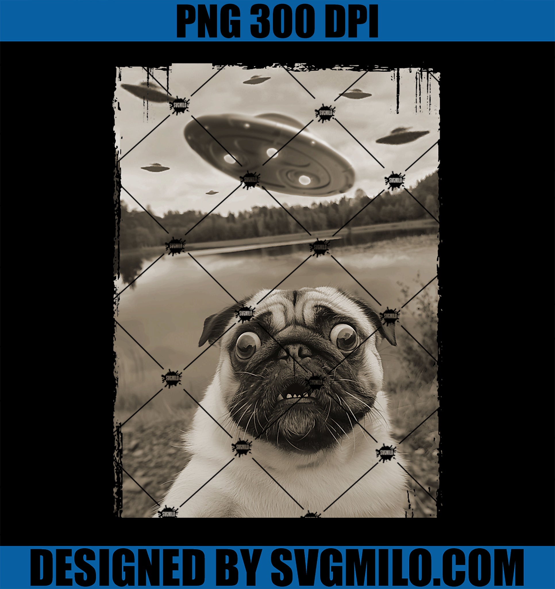 Vintage Pug UFO Encounters PNG, Funny UFO and Pug Selfie PNG