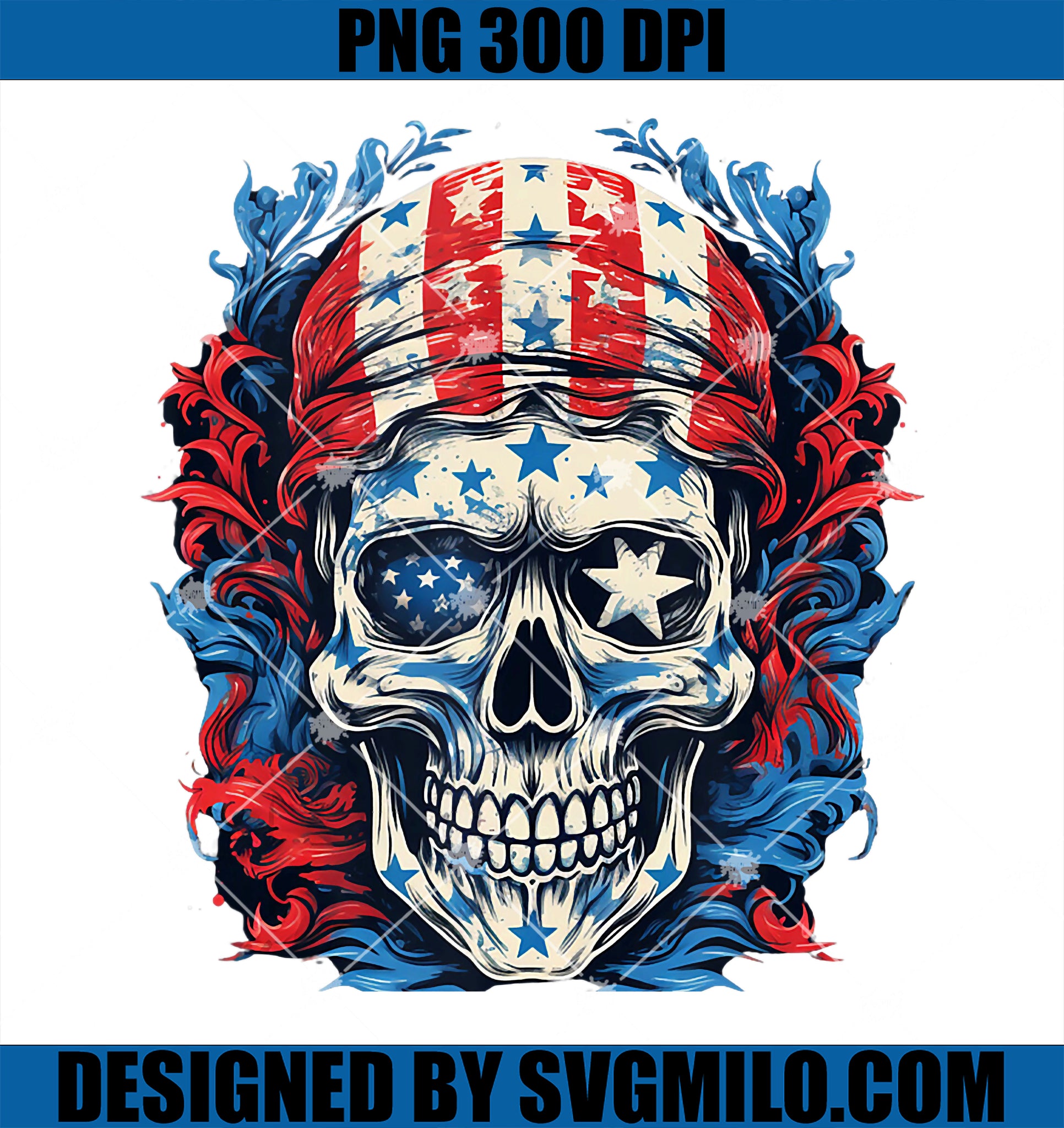 Vintage Style Patriotic Skeletal Themed Skull In Bandanna PNG