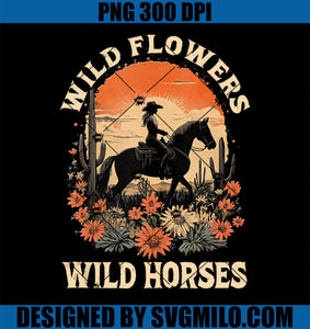 Western Sunset Cowgirl Riding Horse Wild Flowers PNG, Wild Horses PNG