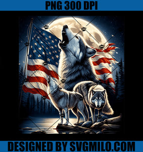 Wolf 4th of July American Flag Howling Wolves Under Moon PNG