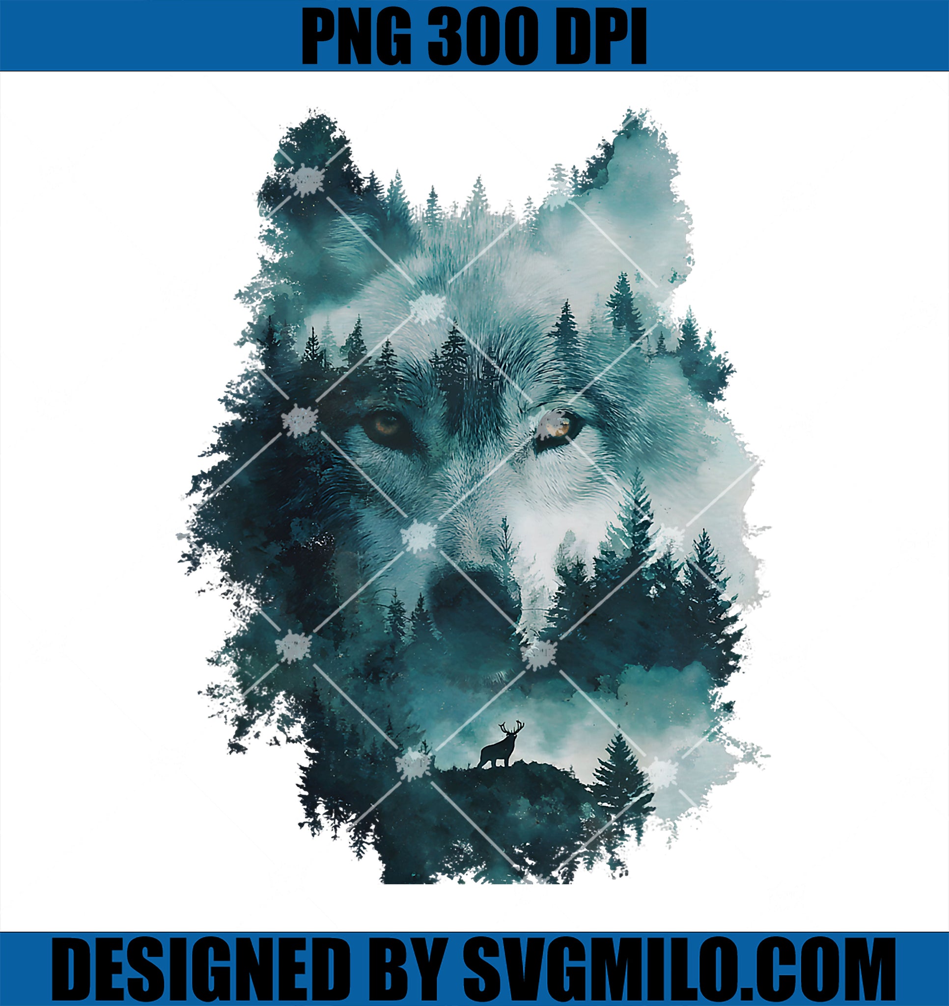 Wolf Forest Double Exposure Stag PNG, Wildlife Art Nature Scene PNG