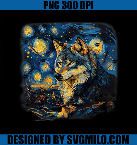 Wolf Under A Starry Night In Van Gogh-Inspired Realism PNG