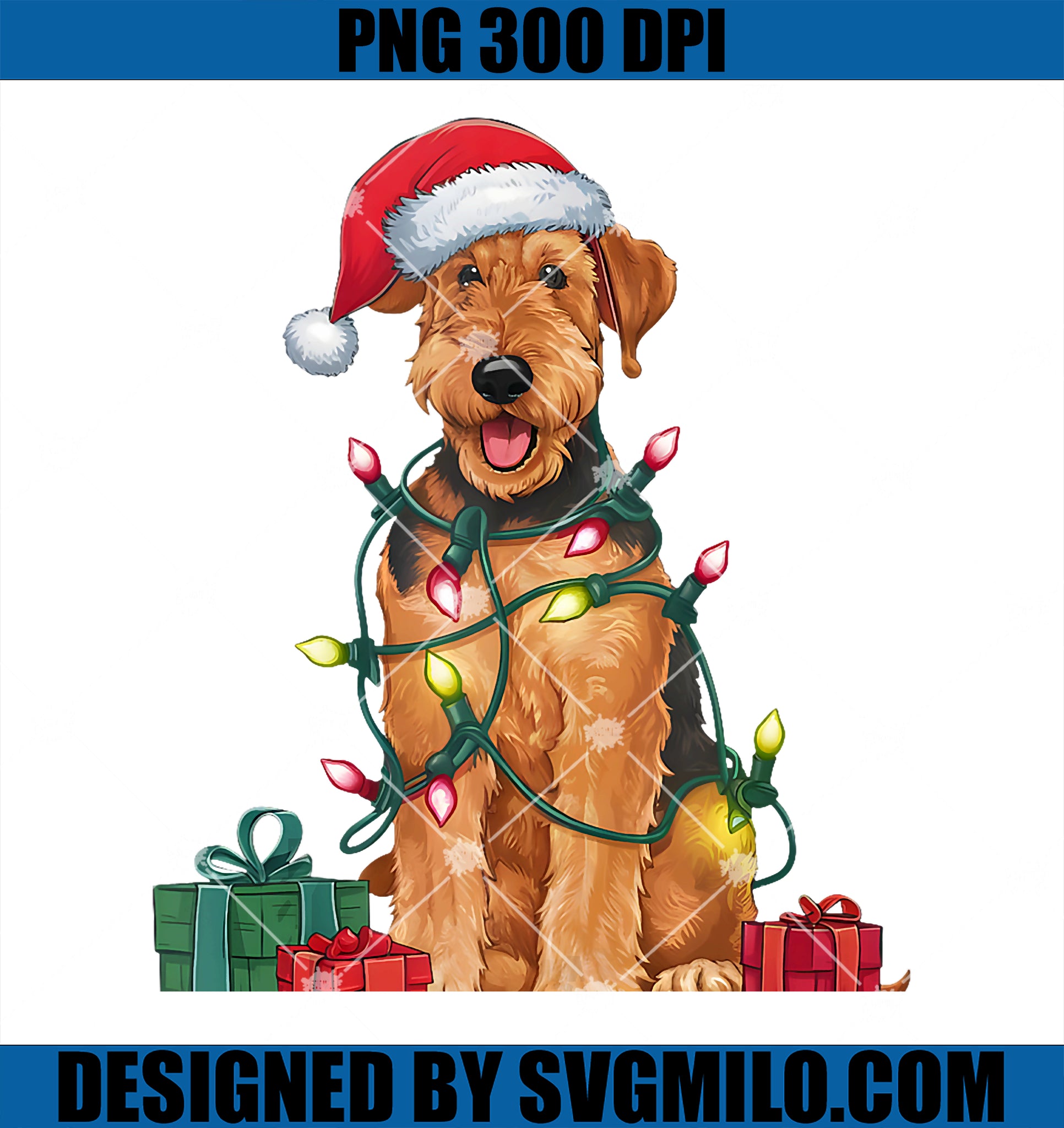 Xmas Lighting Santa Hat Airedale Terrier Dog Christmas PNG