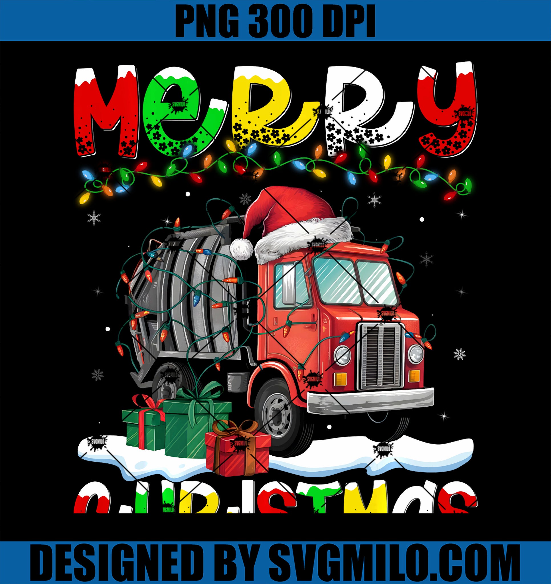 Xmas Lighting Santa Hat Garbage Truck PNG, Merry Christmas PNG