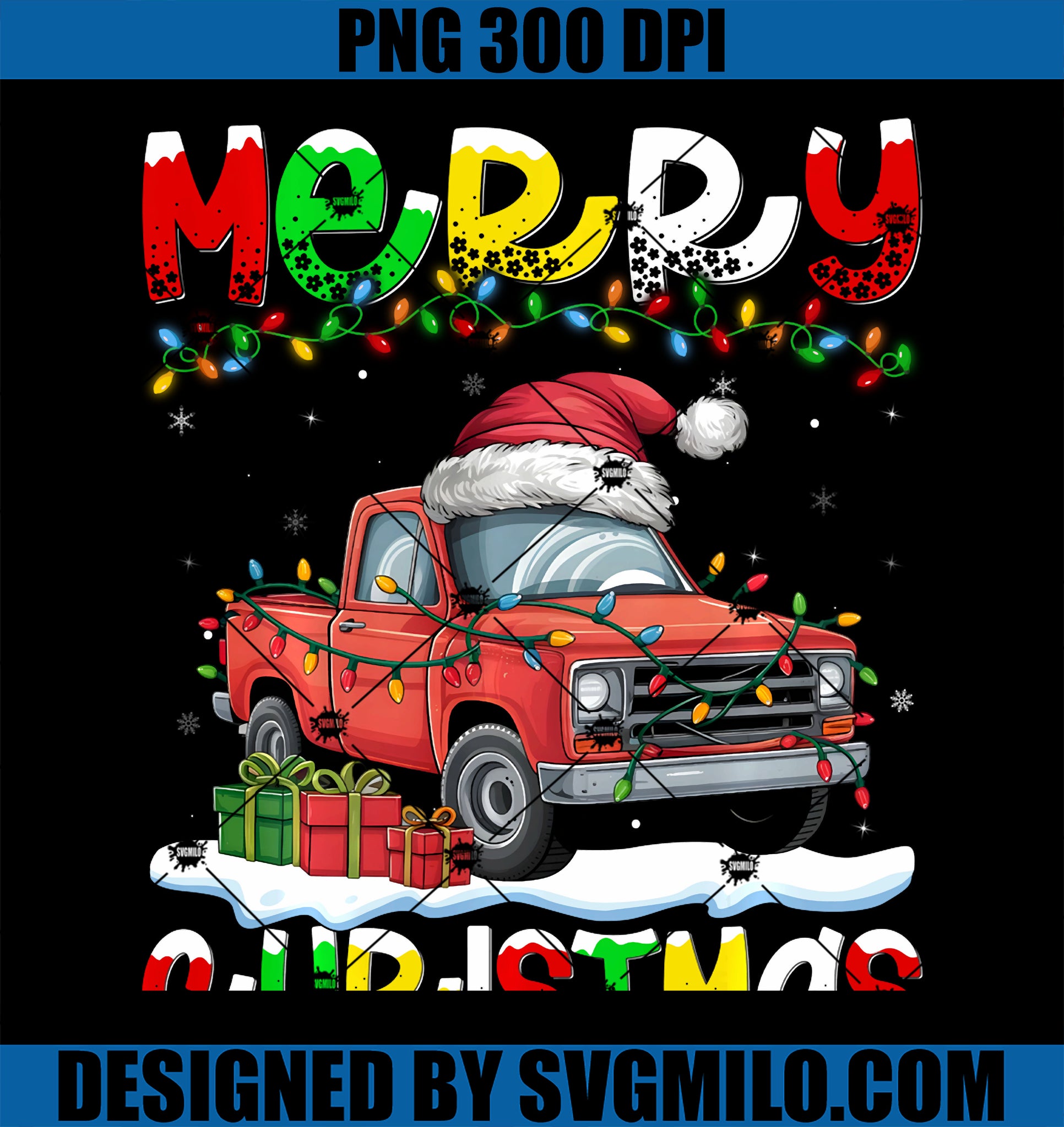 Xmas Lighting Santa Hat Pickup Truck PNG, Merry Christmas PNG