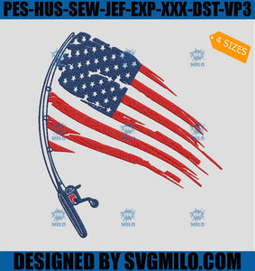 American Fishing Rod Flag Embroidery Design, Fishing With Flag US Embroidery Design