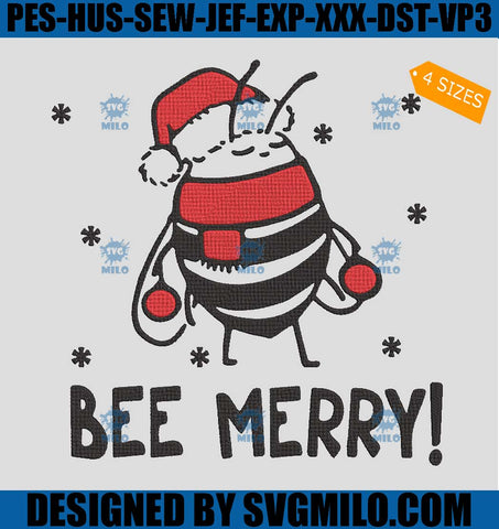 Bee Merry Embroidery Design, Santa Bee Embroidery Design