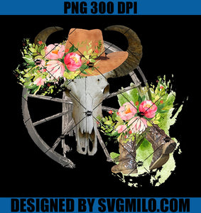 Boho Bull Skull Floral PNG, Cowboy Boots Hat Western PNG