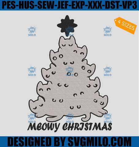 Cat Meowy Christmas Embroidery Design, Cat Christmas Embroidery Design