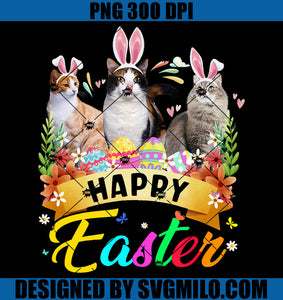 Cat Easter PNG, Happy Easter Three Cat Wearing Bunny Ears Basket PNG