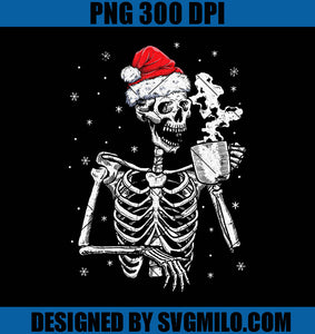 Coffee Drinking Skeleton Christmas PNG, Skull Santa Hat Xmas PNG
