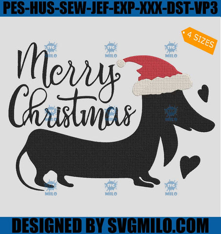 Dachshund Christmas Embroidery Design, Dachshund With Santa Hat Embroidery Design