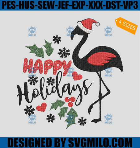 Happy Holidays Embroidery Design, Santa Flamingo Embroidery Design