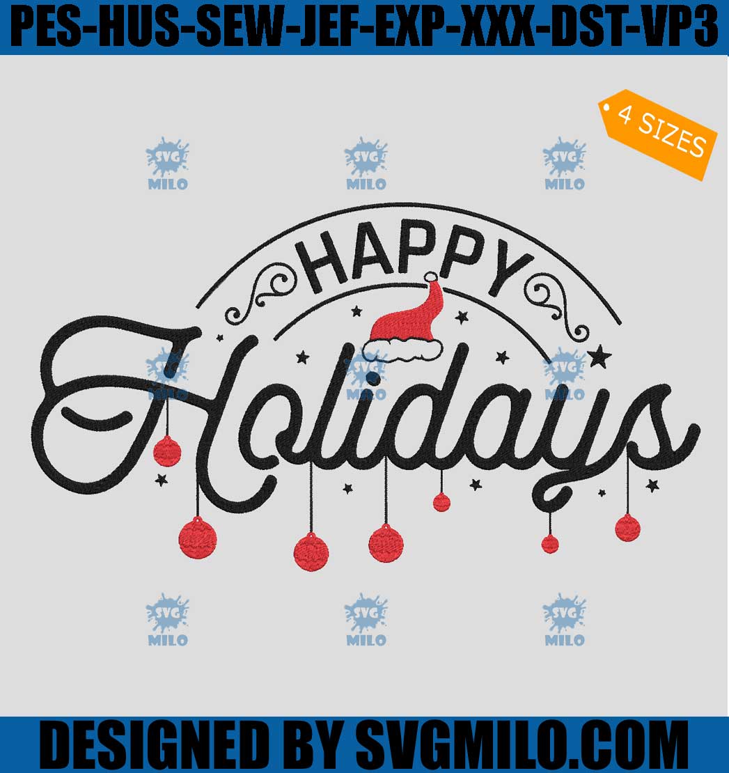 Happy Hollidays Embroidery Design, Bell Christmas Embroidery Design