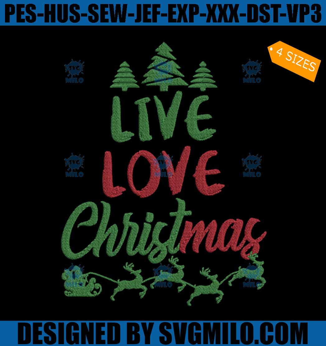 Live Love Christmas Embroidery Design, Santa Sleigh Xmas Tree