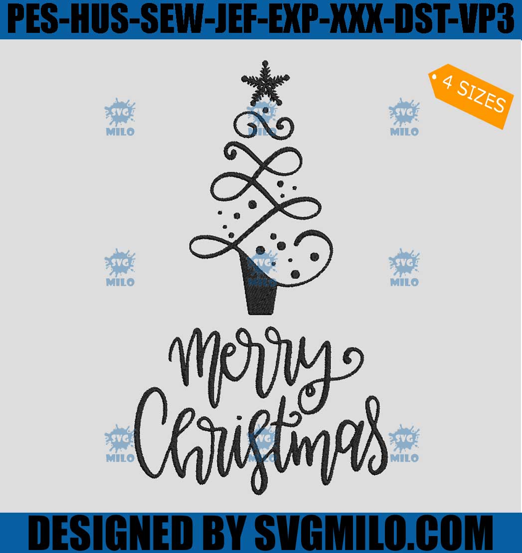 Merry Christmas Embroidery Design, Christmas Tree Embroidery Design