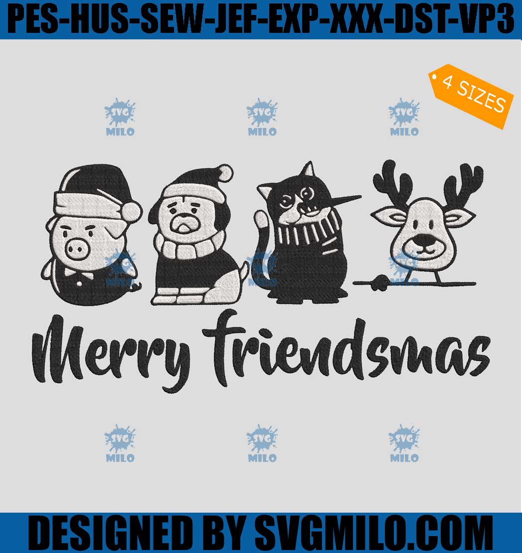 Merry Friendsmas Embroidery Design, Animal Christmas Embroidery Design