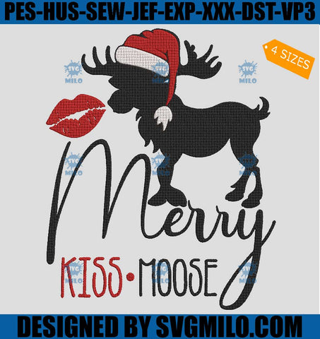 Merry Kiss Moose Embroidery Design, Merry Christmas Embroidery Design
