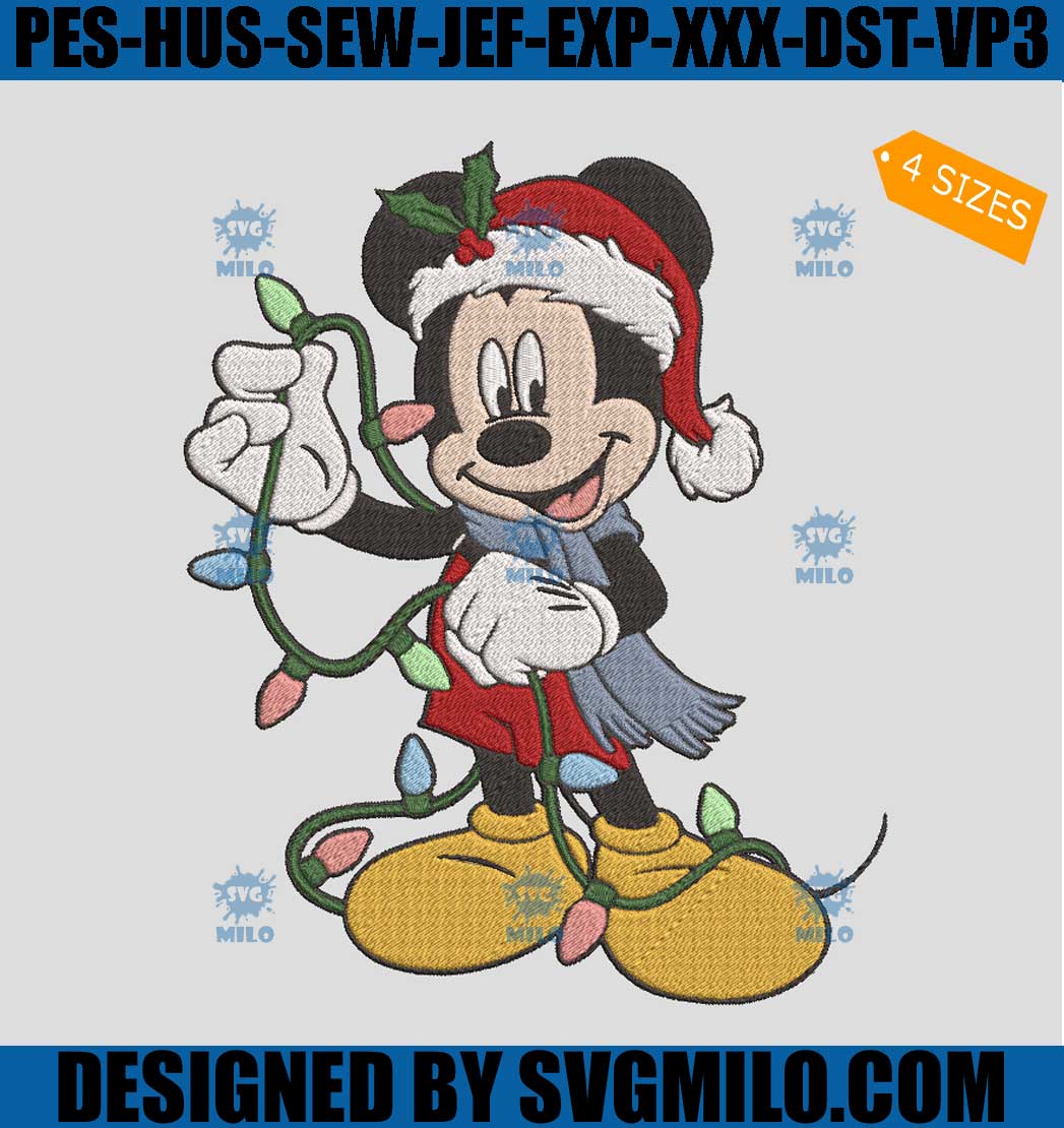Mickey Mouse Xmas Light Embroidery Design, Santa Mickey Embroidery Design